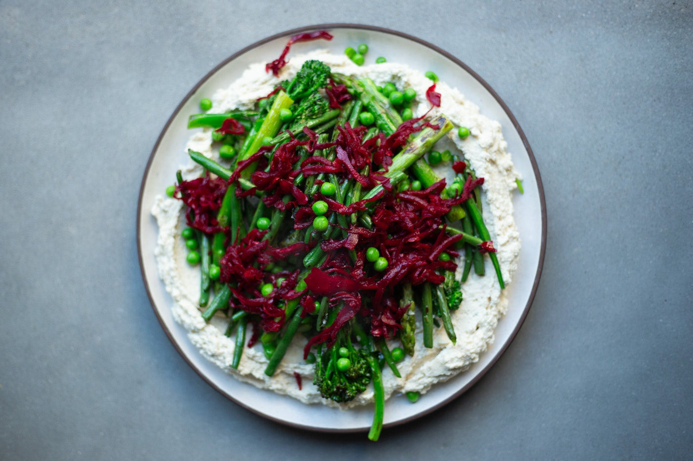 Whipped Tofu Topped With Grilled Greens and Beetroot Kraut